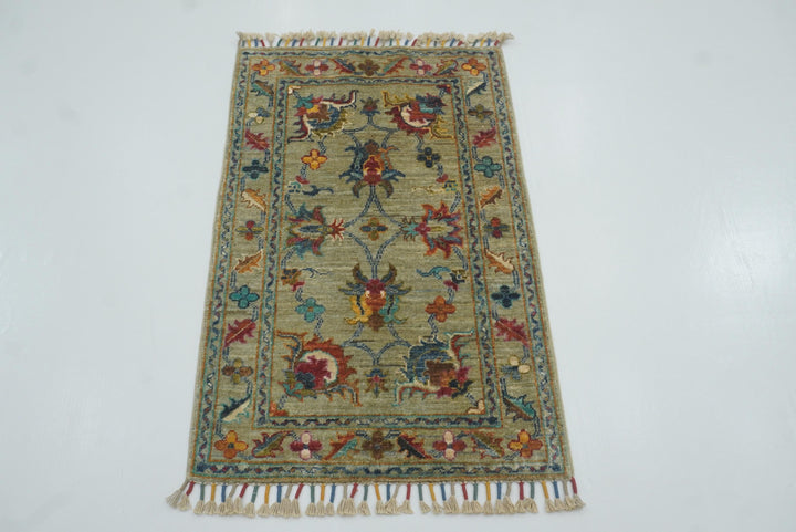 2x3 Green Afghan Waziri Hand Knotted Rug - Yildiz Rugs