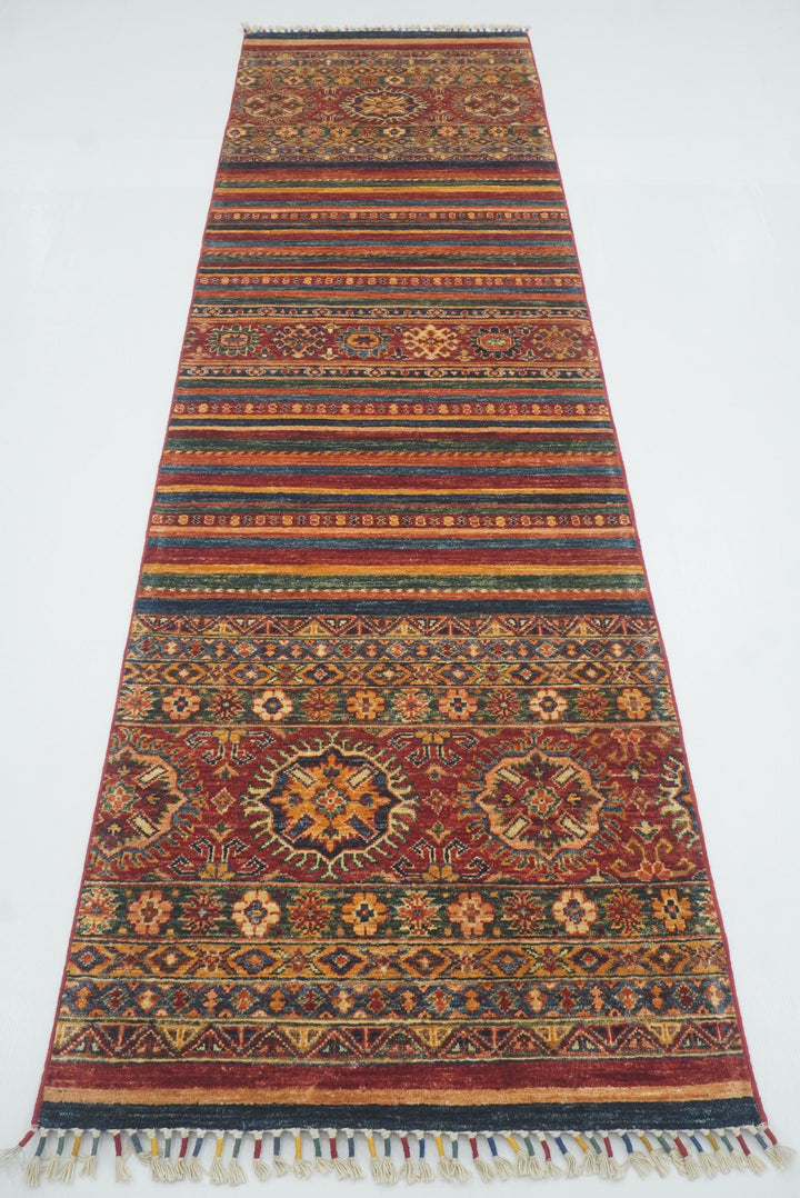 2'8"x9'6" Red Tribal Hand-Knotted Wool Runner Rug - Yildiz Rugs