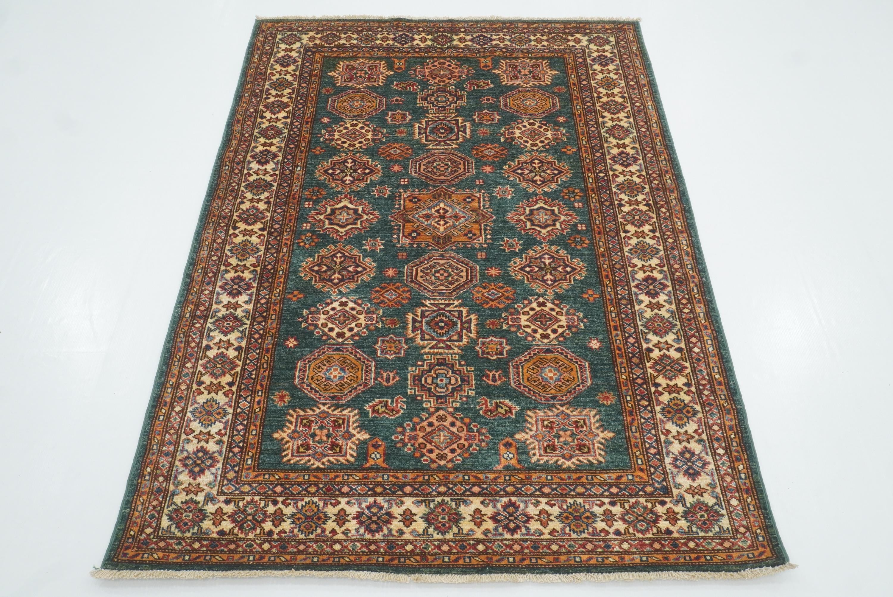 4x6 Green Kazak Hand Knotted Afghan Rug - Yildiz Rugs