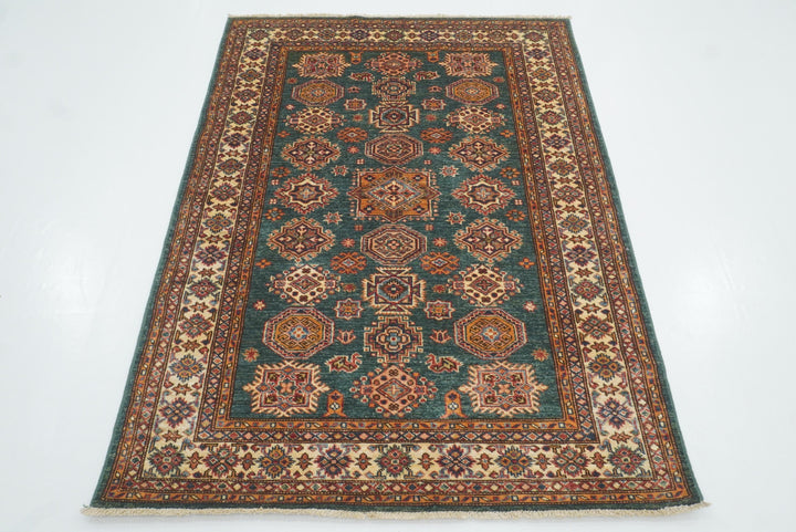 4x6 Green Kazak Hand Knotted Afghan Rug - Yildiz Rugs