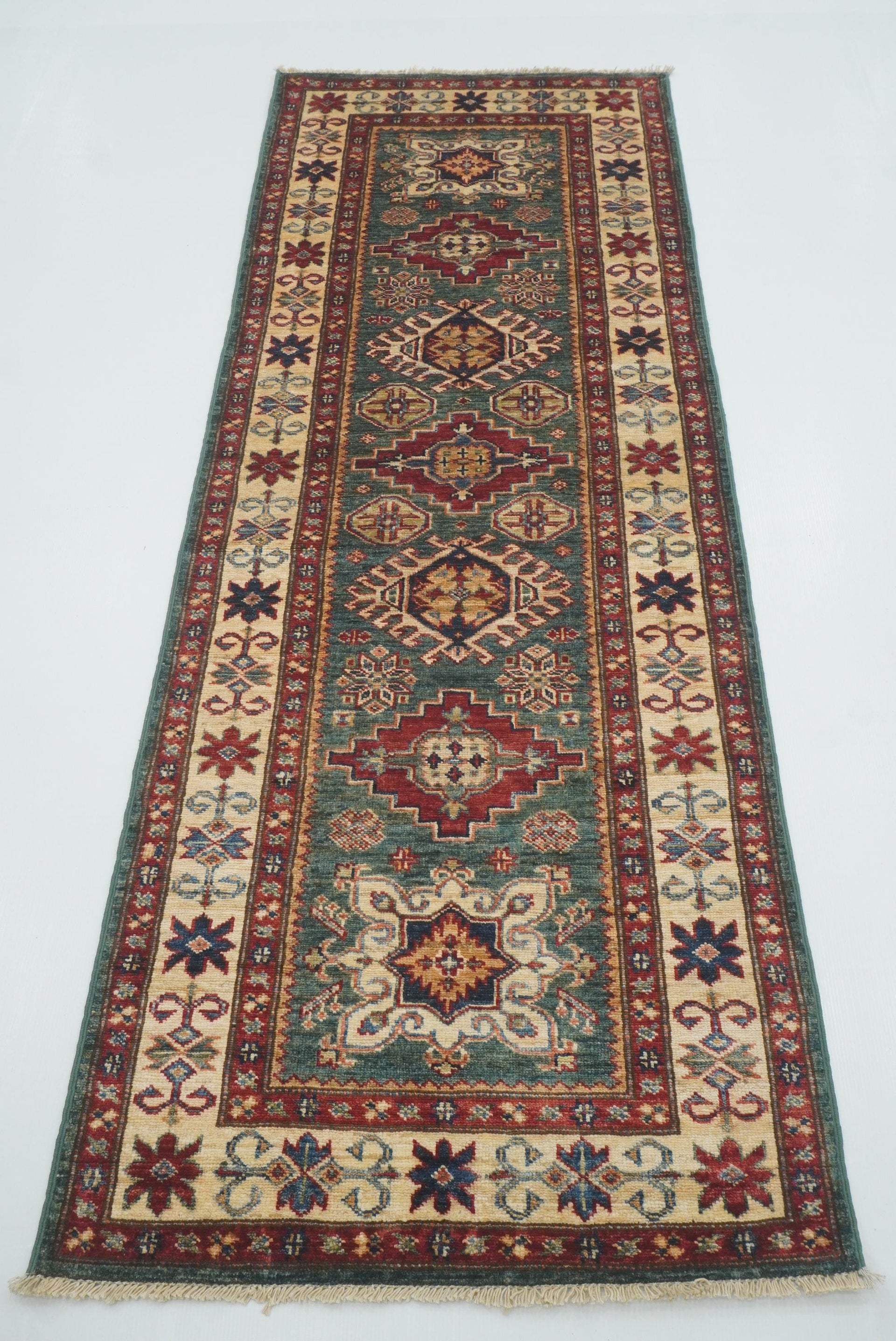 7 ft Kazak Green Afghan Hand Knotted Runner Rug - Yildiz Rugs