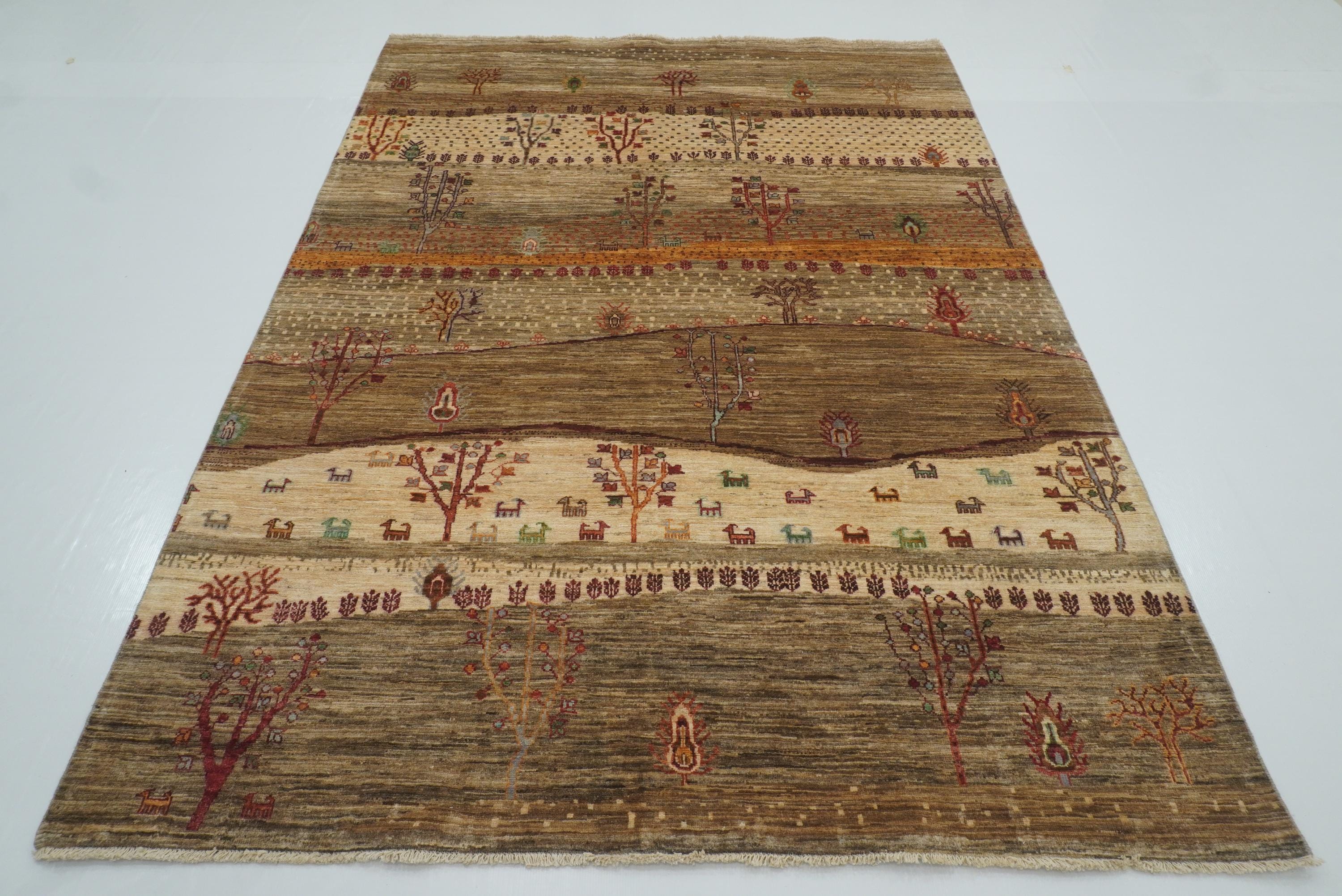 6x8 Landscape Gabbeh Beige Hand-Knotted Afghan Rug - Yildiz Rugs