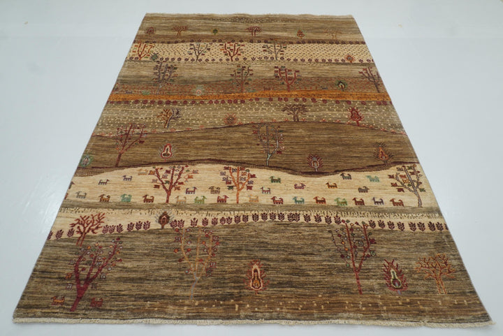6x8 Landscape Gabbeh Beige Hand-Knotted Afghan Rug - Yildiz Rugs