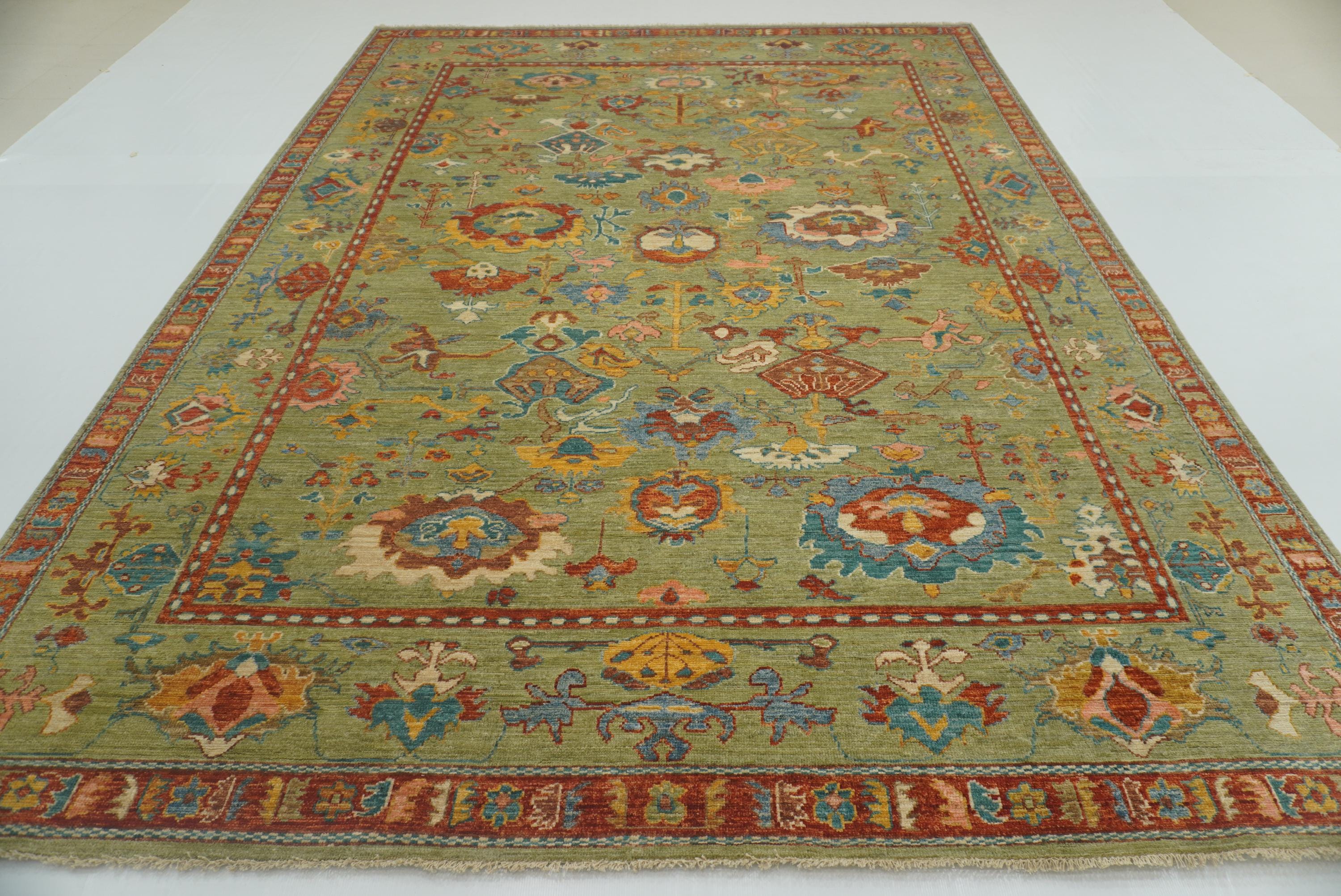 9x12 Green Oushak Turkish Hand knotted Oriental Rug - Yildiz Rugs