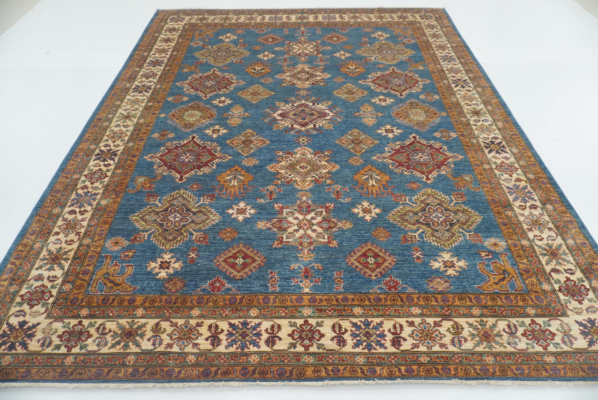 8x10 Blue Kazak Afghan Hand-Knotted Oriental Rug - Yildiz Rugs