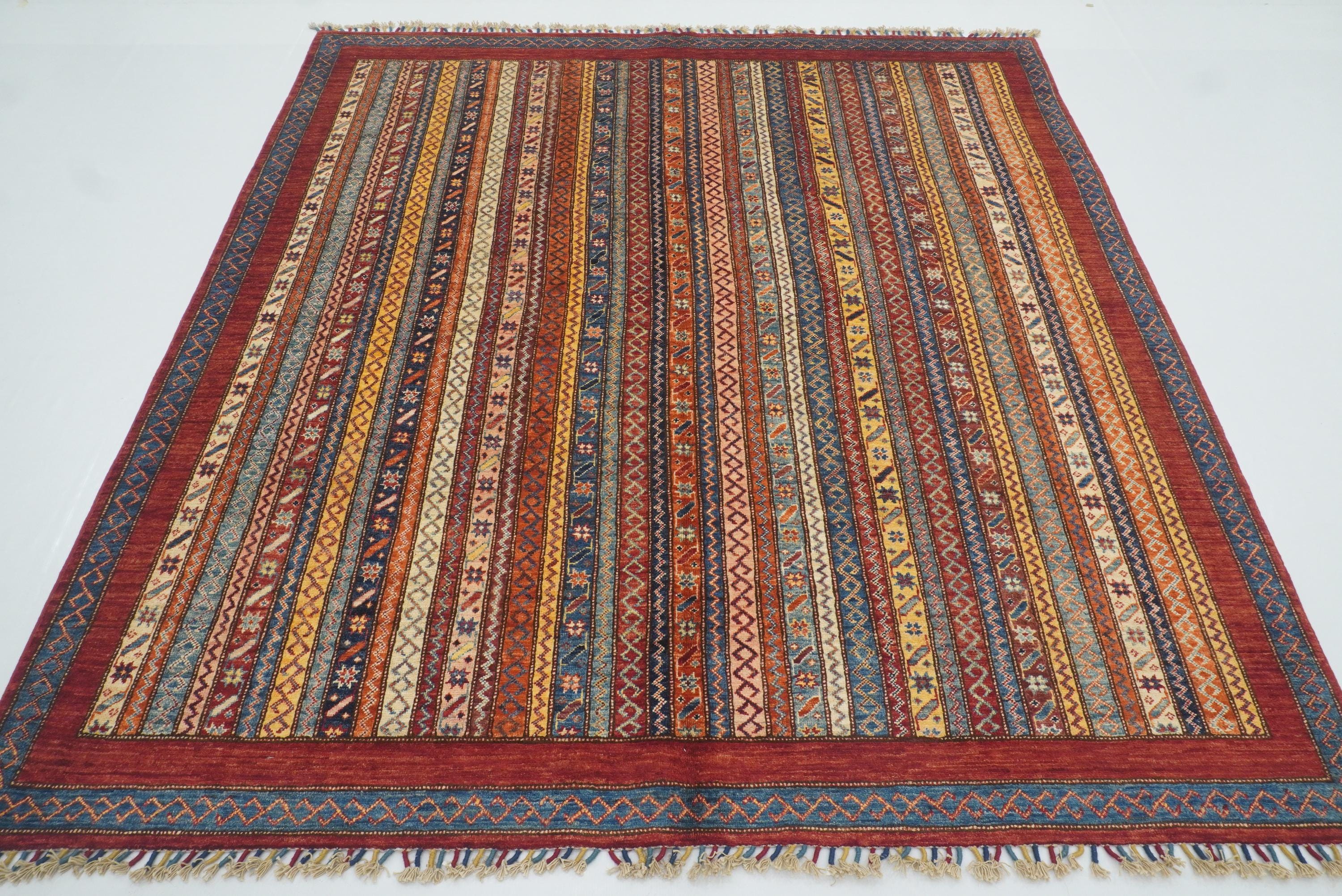 7x7 Red Afghan Hand Knotted Wool Shawl Square Rug - Yildiz Rugs