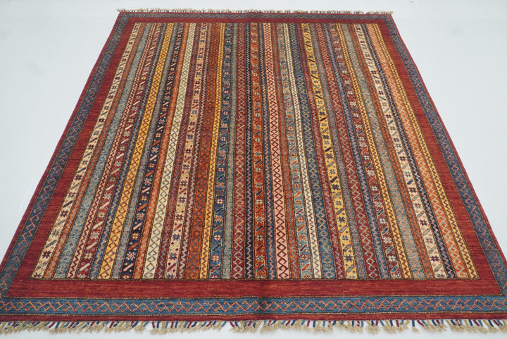 7x7 Red Afghan Hand Knotted Wool Shawl Square Rug - Yildiz Rugs