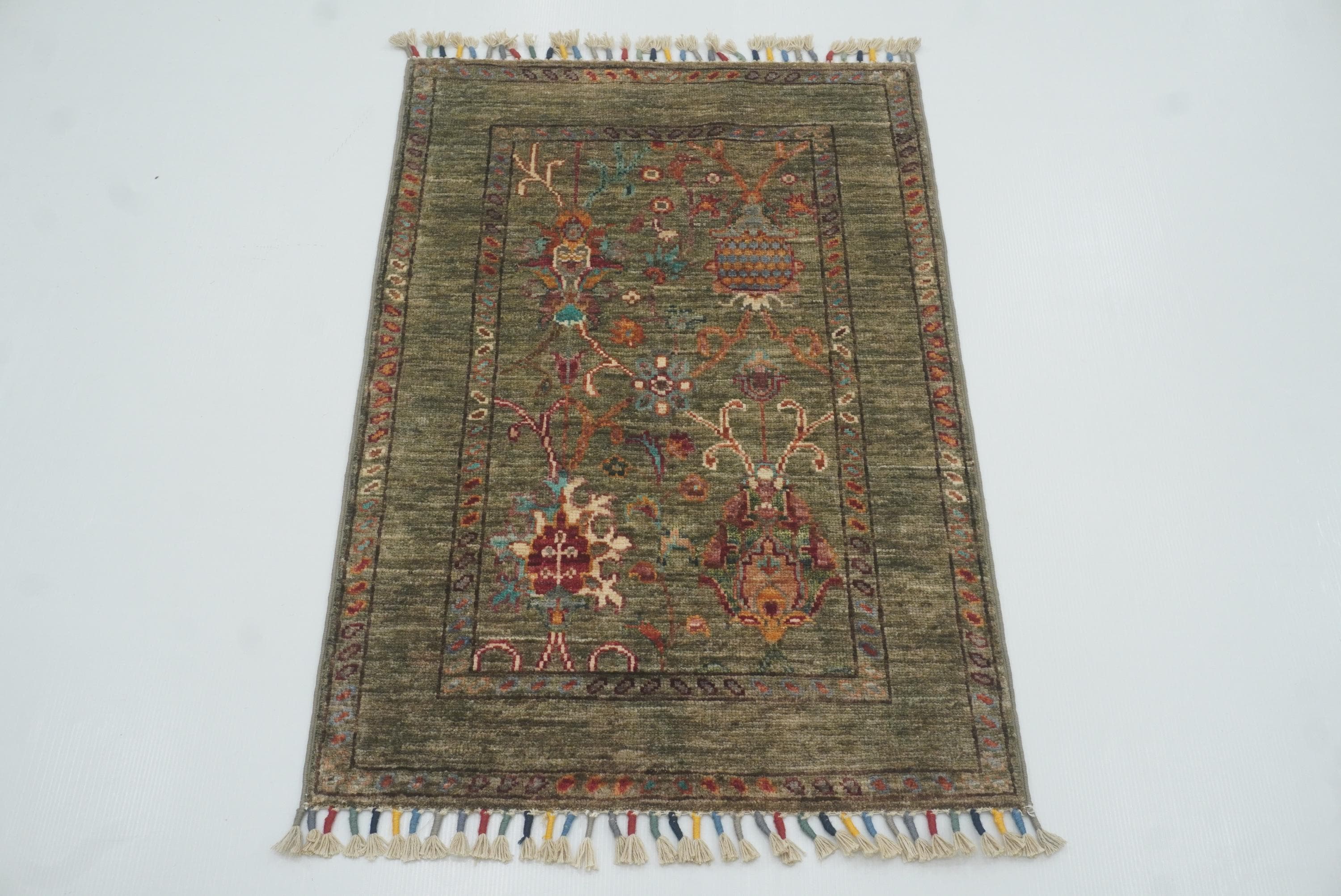2x3 Green Afghan Waziri Floral Hand Knotted Rug - Yildiz Rugs