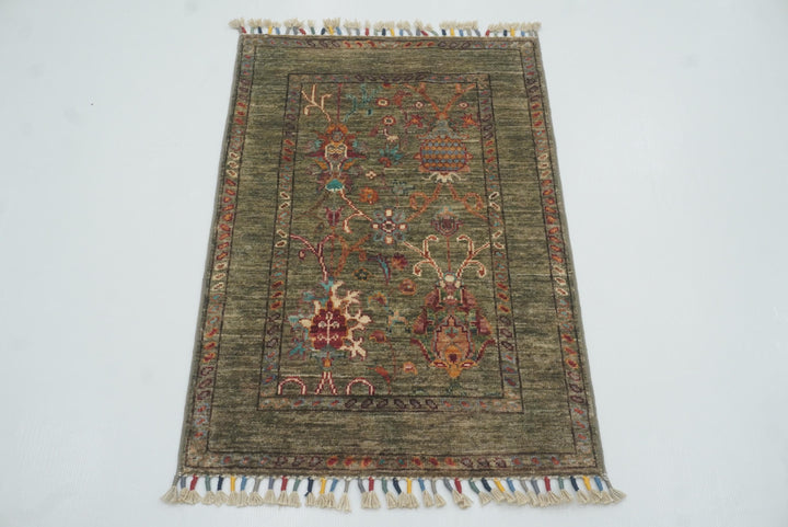 2x3 Green Afghan Waziri Floral Hand Knotted Rug - Yildiz Rugs