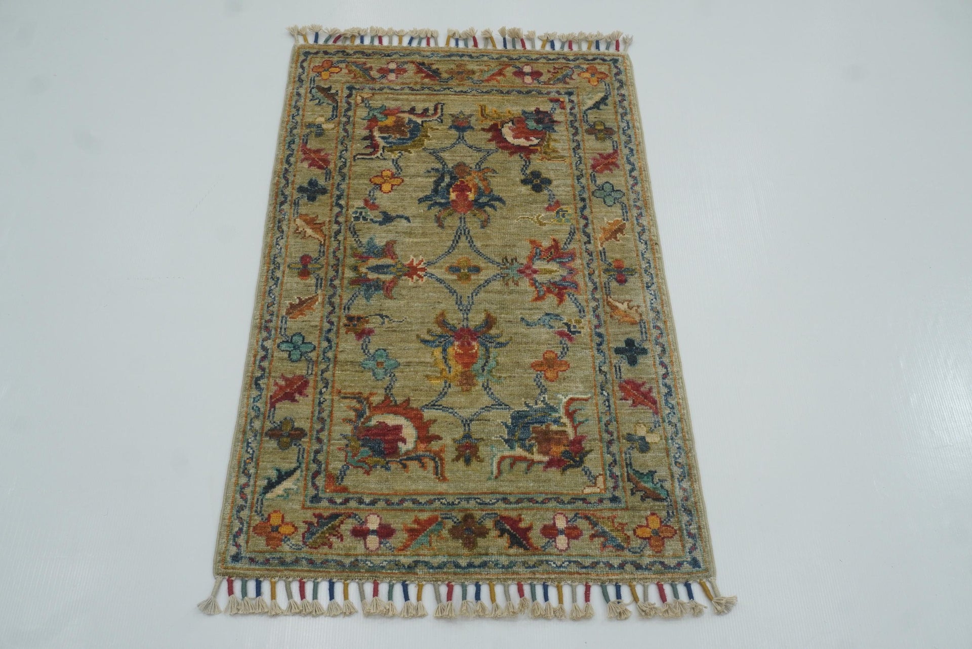 2x3 Green Afghan Waziri Floral Hand Knotted Rug - Yildiz Rugs