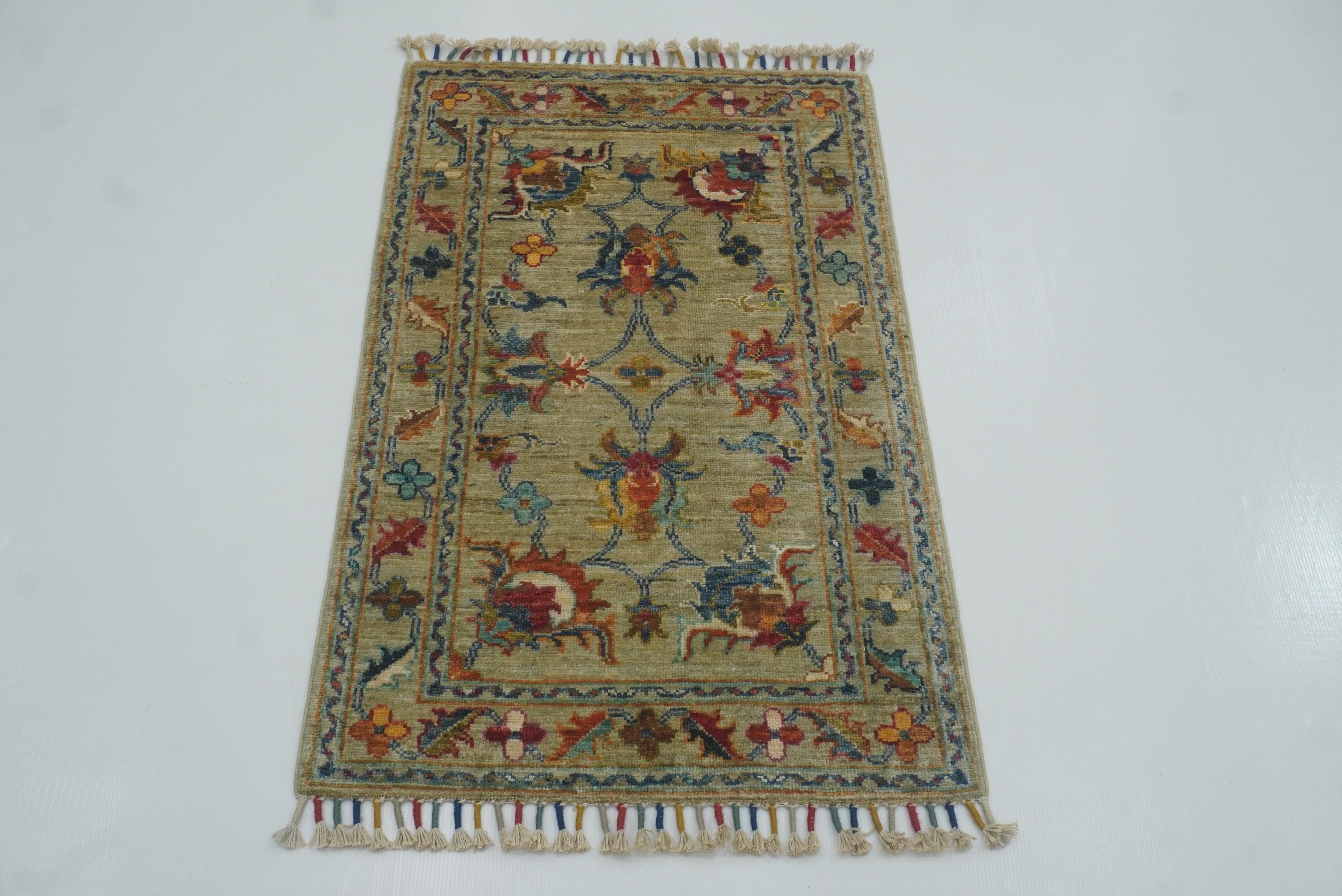 2x3 Green Afghan Waziri Floral Hand Knotted Rug - Yildiz Rugs