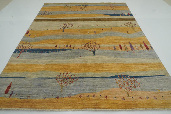 8x10 Tree Gabbeh Golden Yellow Hand-Knotted Afghan Rug - Yildiz Rugs