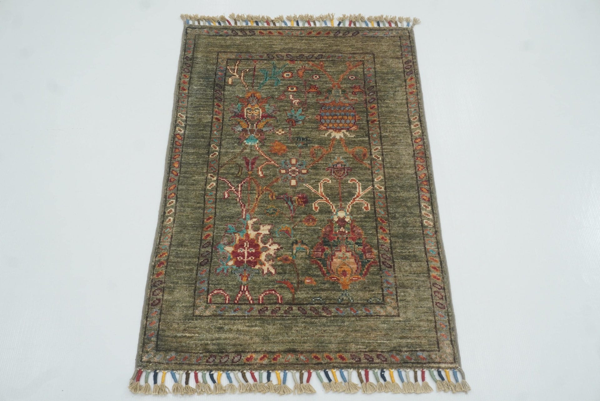 2x3 Green Afghan Waziri Floral Hand Knotted Rug