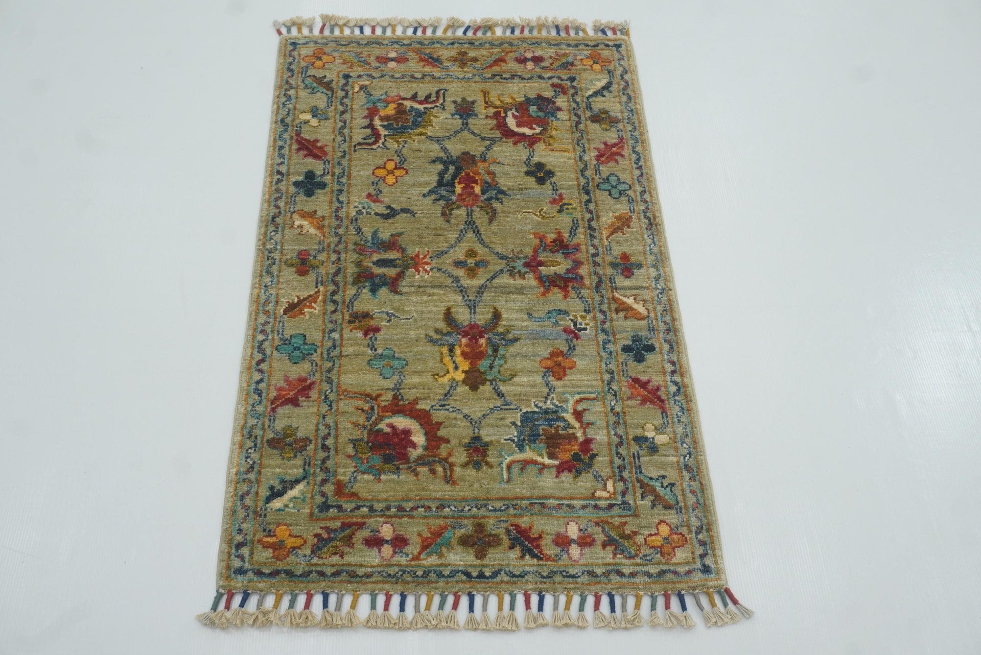 2x3 Green Afghan Waziri Floral Hand Knotted Rug