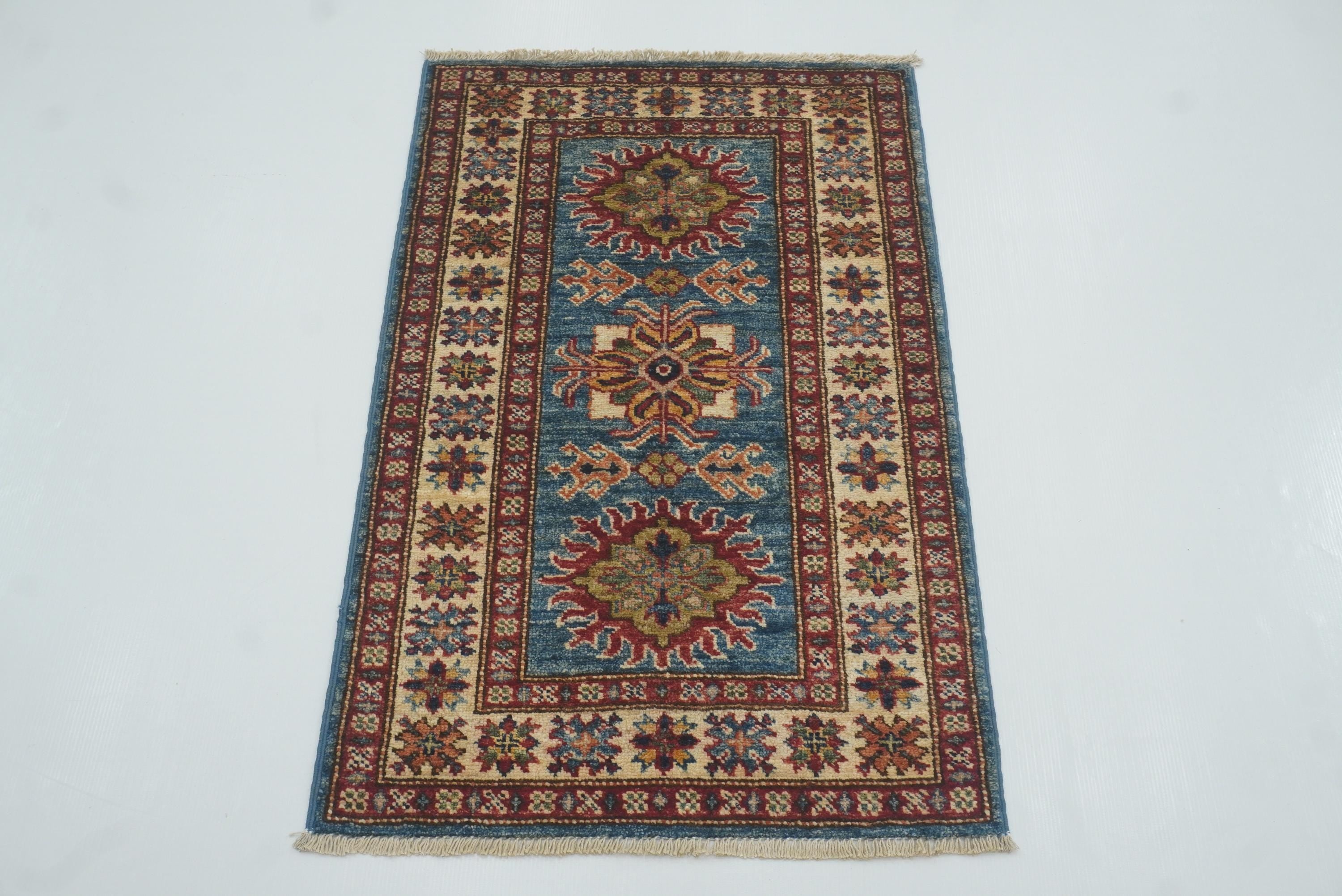 2x3 Blue Kazak Hand-Knotted Afghan Wool Rug - Yildiz Rugs