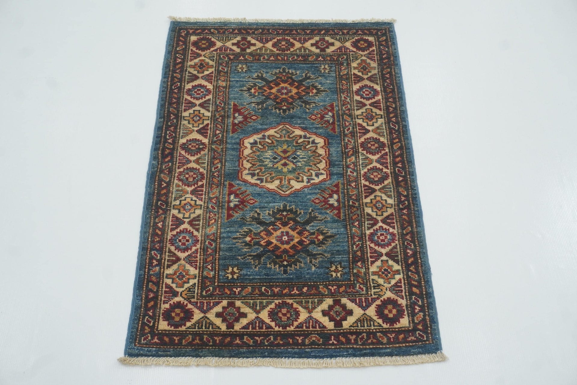 2x3 Blue Kazak Hand-Knotted Afghan Rug - Yildiz Rugs