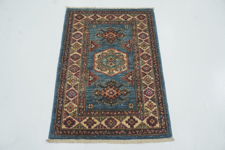 2x3 Blue Kazak Hand-Knotted Afghan Rug - Yildiz Rugs