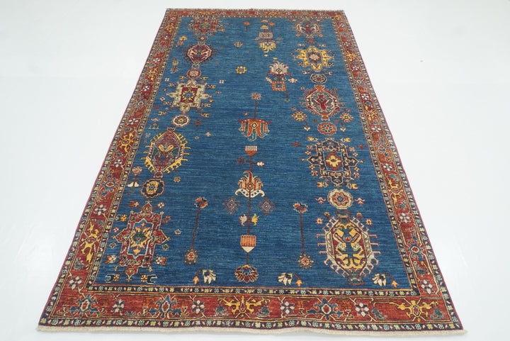 5x8 Denim Blue Karaja Afghan Hand-Knotted Oriental Rug - Yildiz Rugs