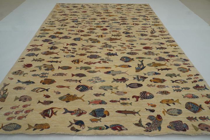 9x12 Fish Gabbeh Ivory Beige Afghan Hand knotted Rug - Yildiz Rugs