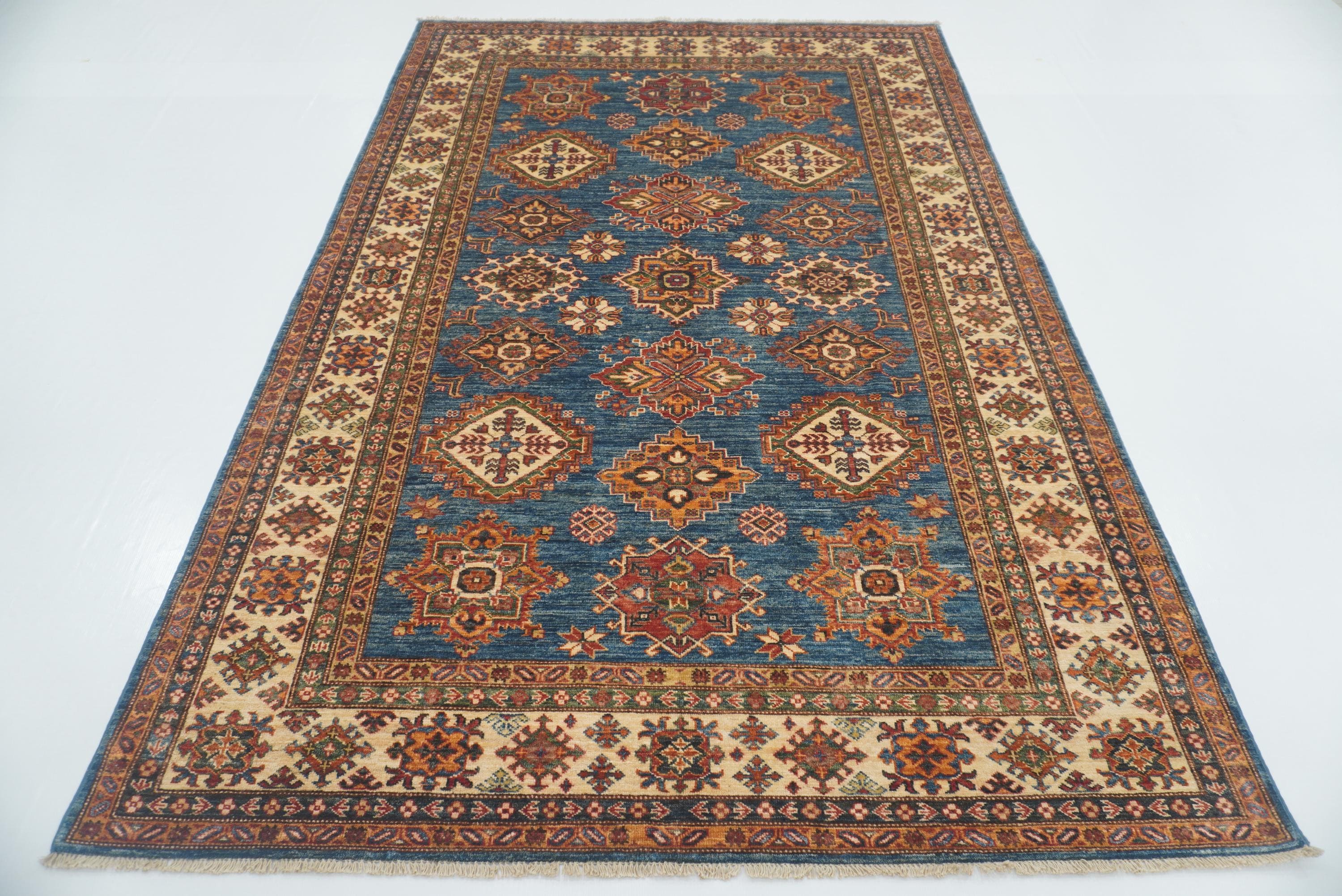 6x9 Blue Kazak Afghan Hand-Knotted Oriental Rug - Yildiz Rugs