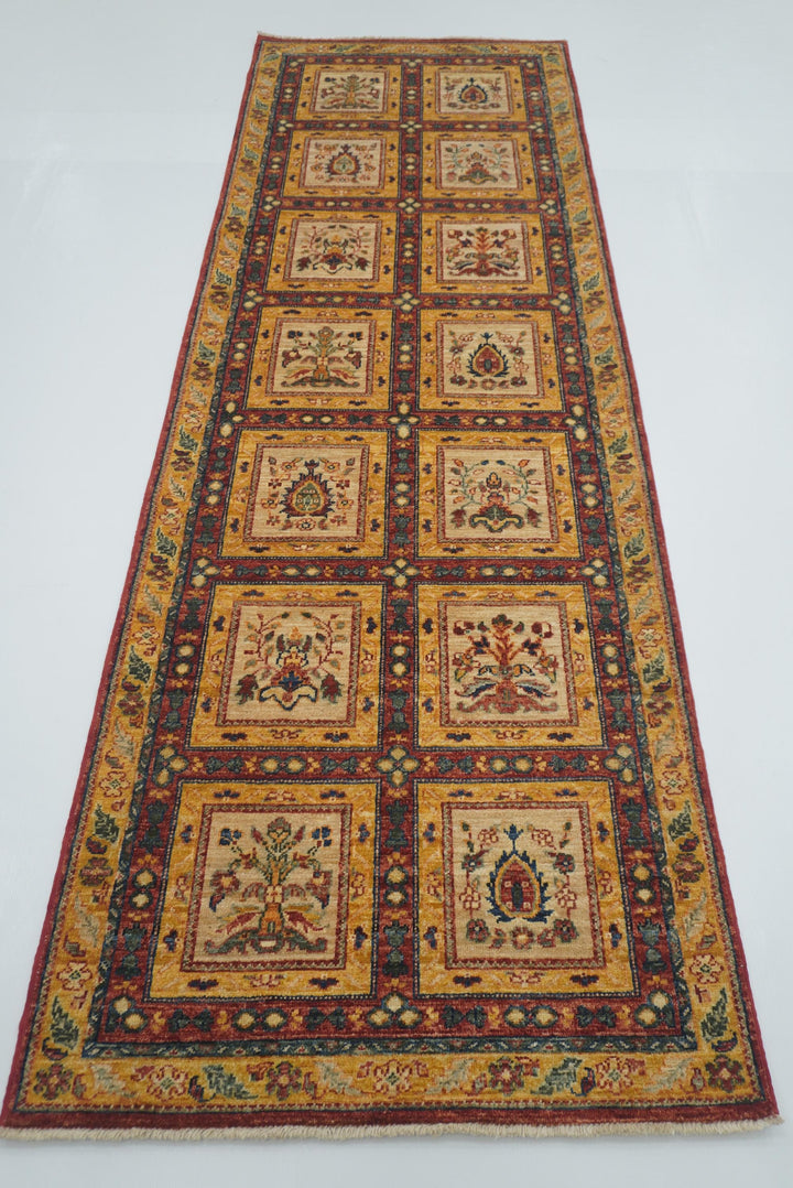9 ft Beige Hand Knotted Afghan Wool Runner Rug - Yildiz Rugs