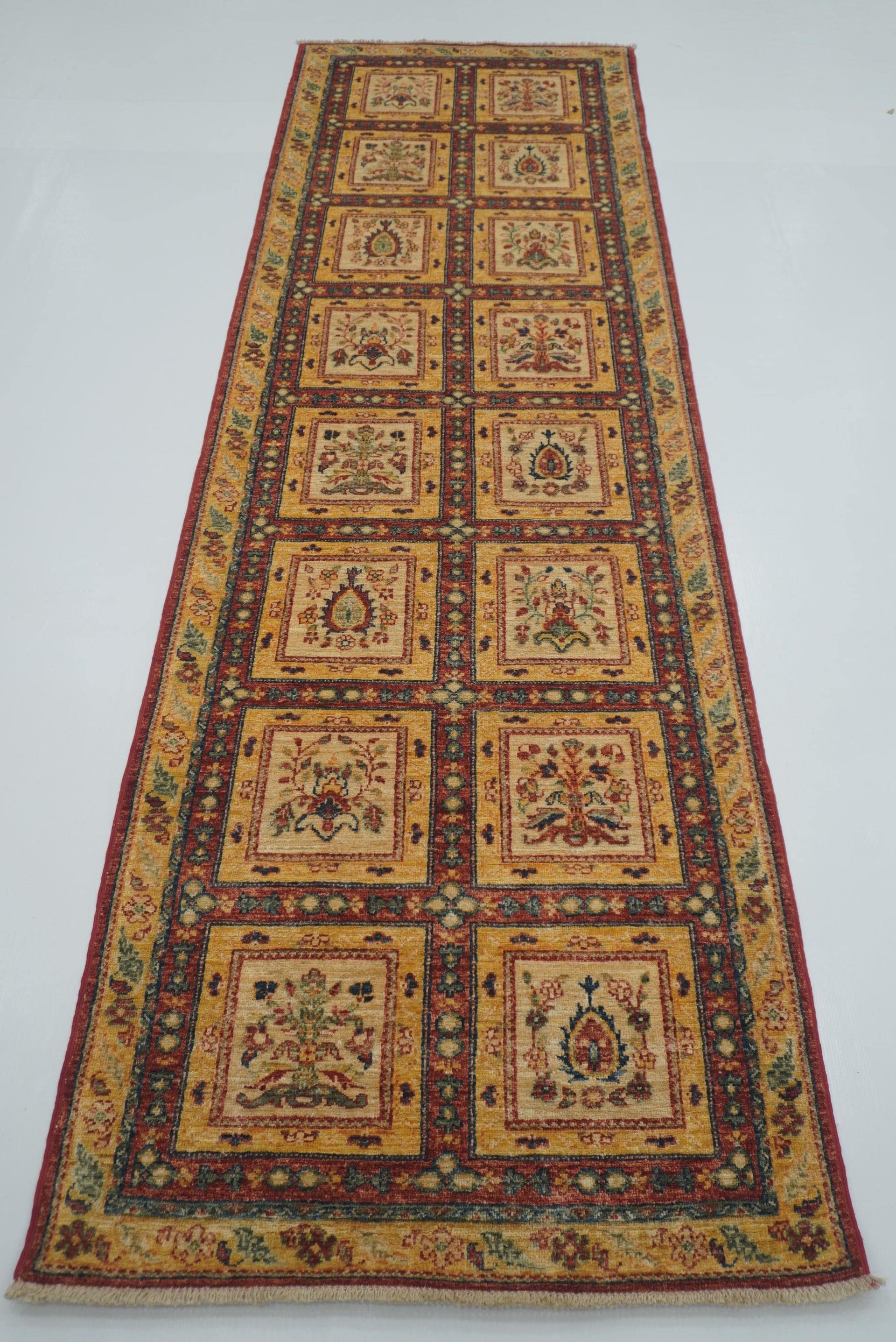 9 ft Beige Hand Knotted Afghan Wool Runner Rug - Yildiz Rugs