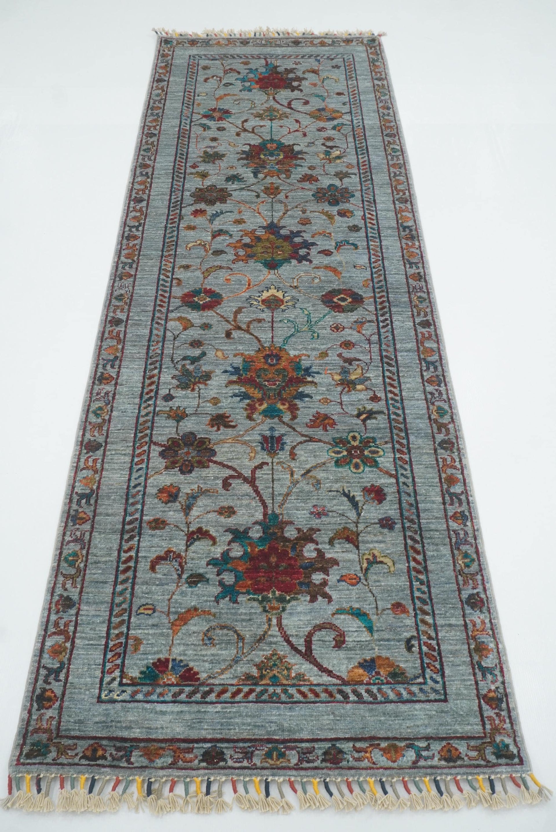 8 ft Waziri Blue Afghan Hand-Knotted Wool Runner Rug - Yildiz Rugs