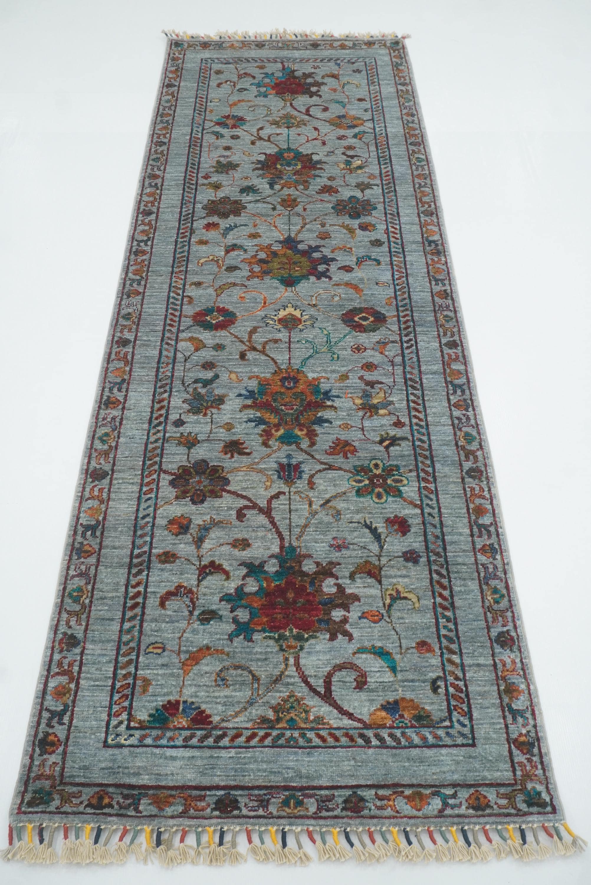 8 ft Waziri Blue Afghan Hand-Knotted Wool Runner Rug - Yildiz Rugs