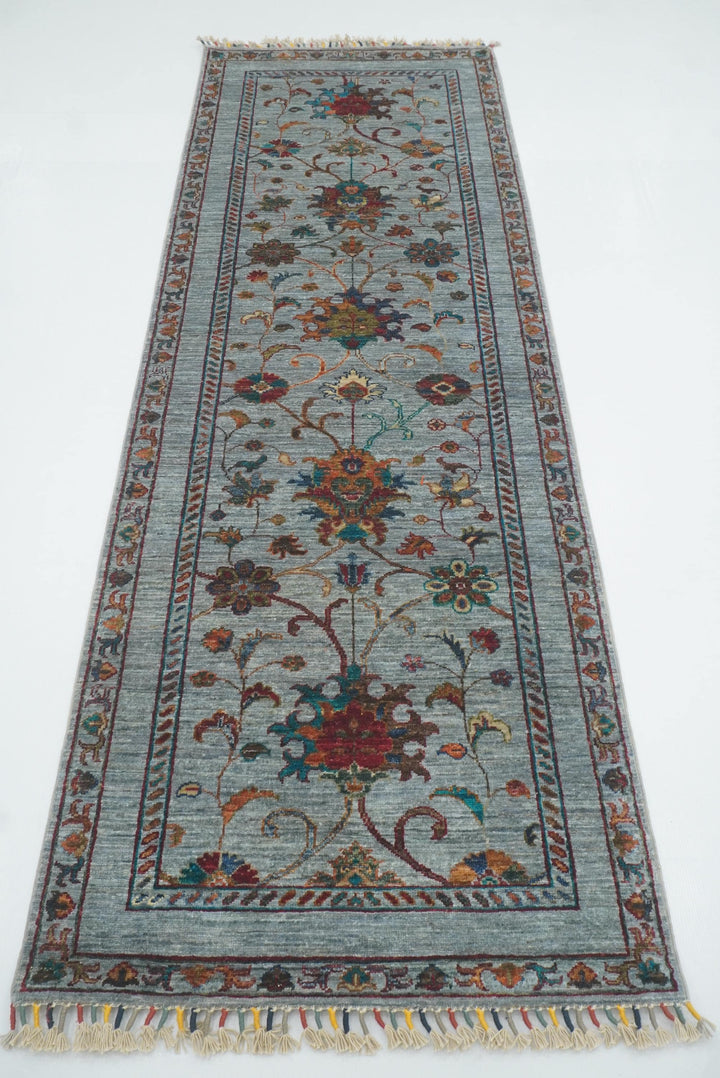 8 ft Waziri Blue Afghan Hand-Knotted Wool Runner Rug - Yildiz Rugs