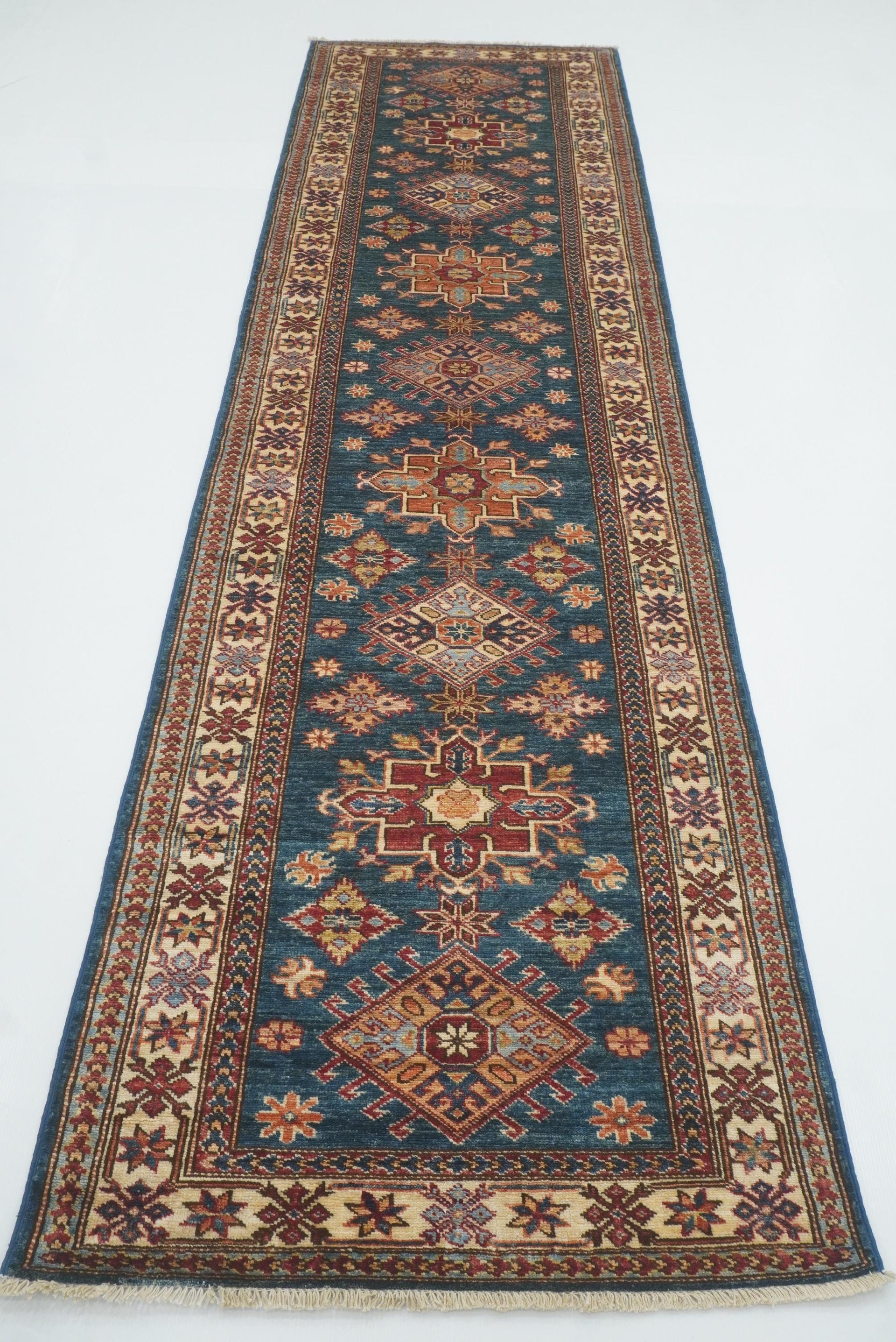 10 ft Kazak Dark Blue Afghan Hand Knotted Runner Rug - Yildiz Rugs