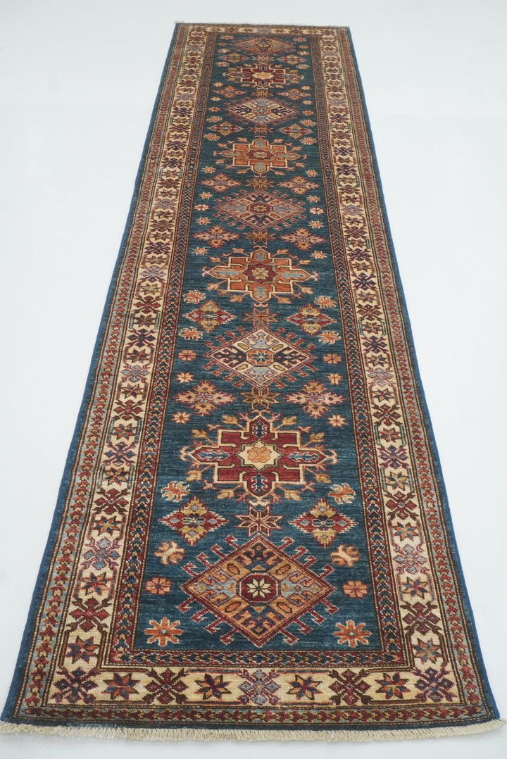 10 ft Kazak Dark Blue Afghan Hand Knotted Runner Rug - Yildiz Rugs