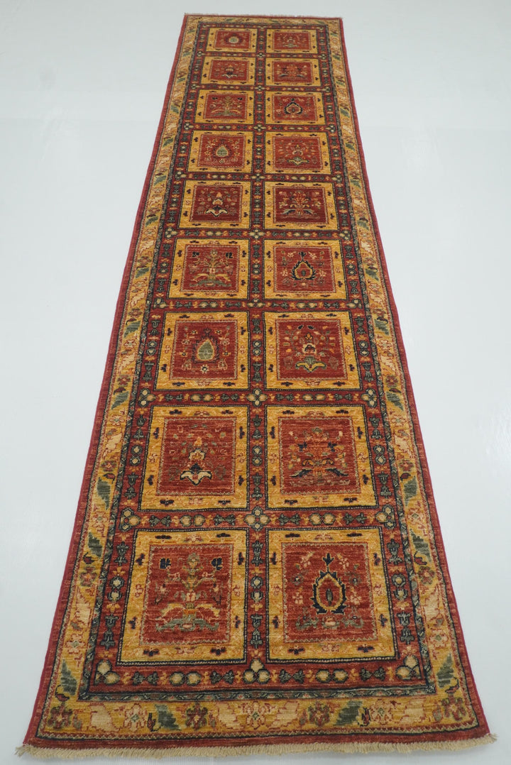 10 ft Red Hand Knotted Afghan Wool Runner Rug - Yildiz Rugs