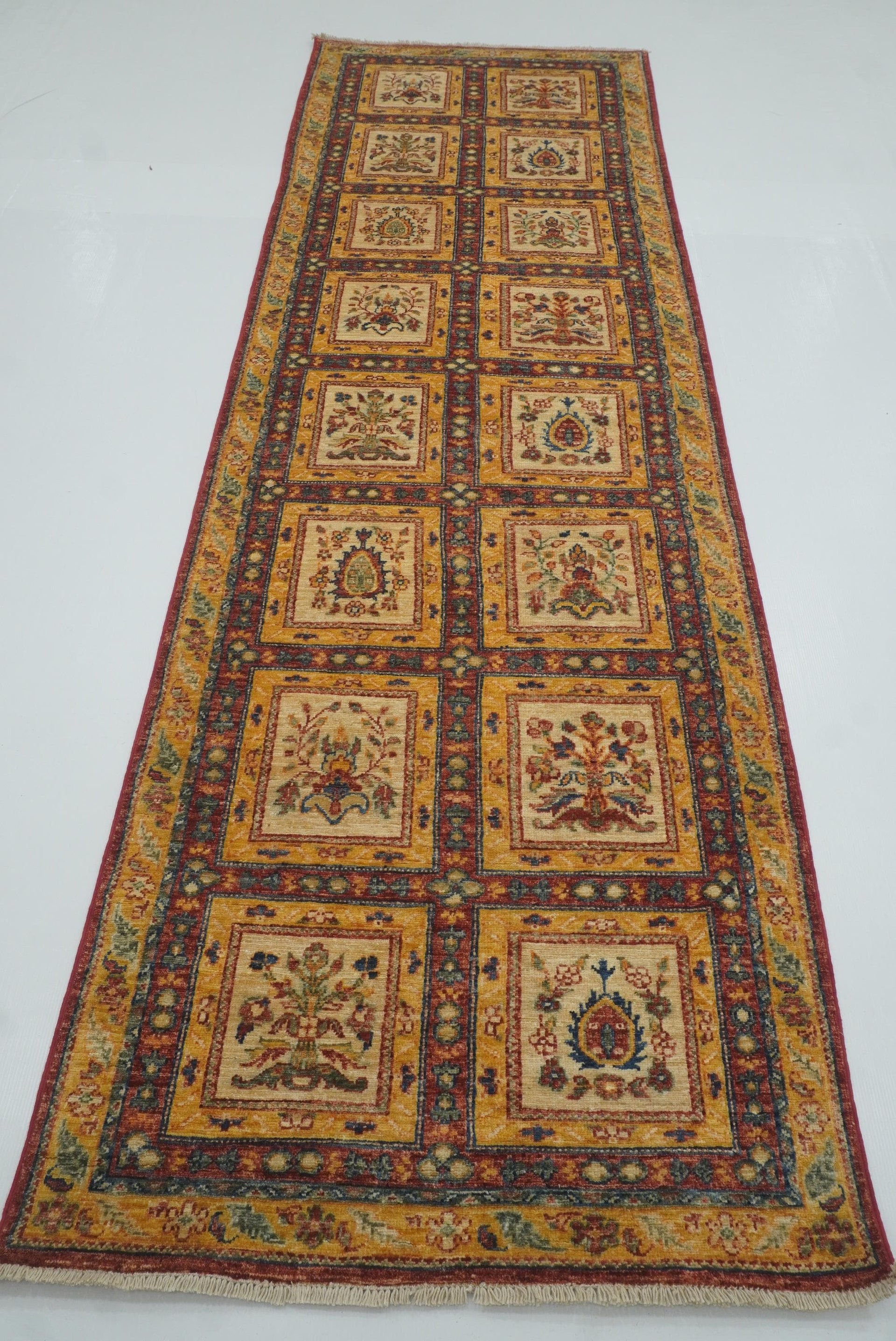 10 ft Beige Hand Knotted Afghan Wool Runner Rug - Yildiz Rugs