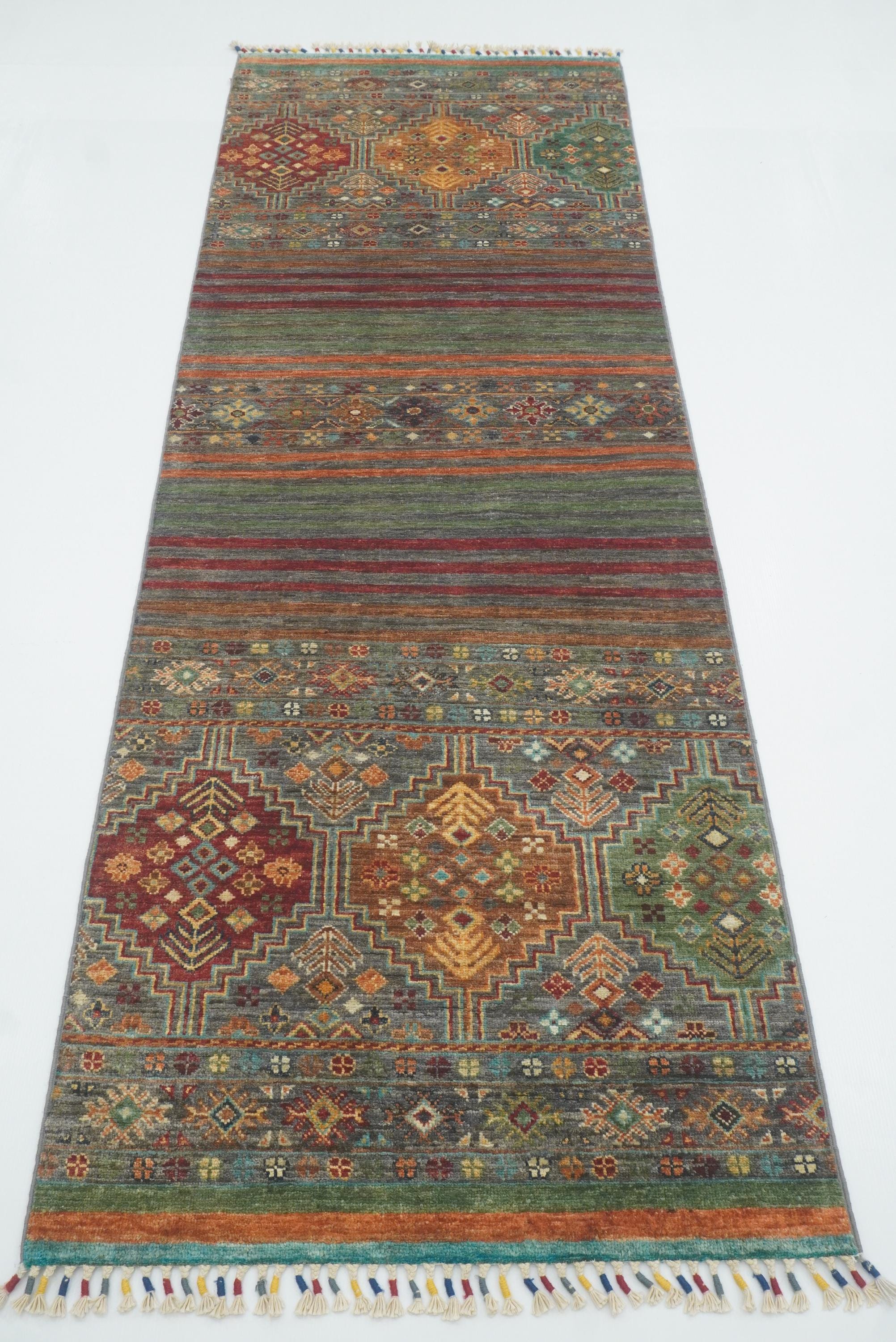 8 ft Gray Khorjin Afghan Hand Knotted Wool Runner Rug - Yildiz Rugs