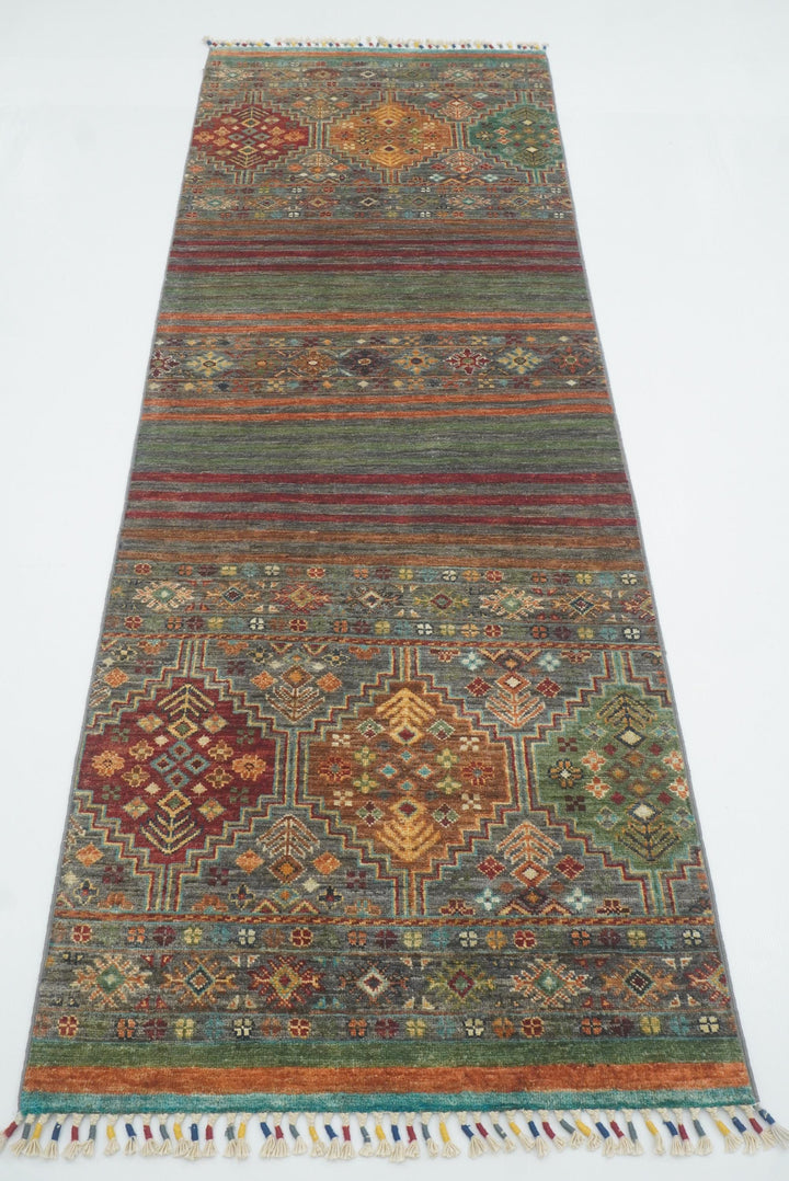 8 ft Gray Khorjin Afghan Hand Knotted Wool Runner Rug - Yildiz Rugs