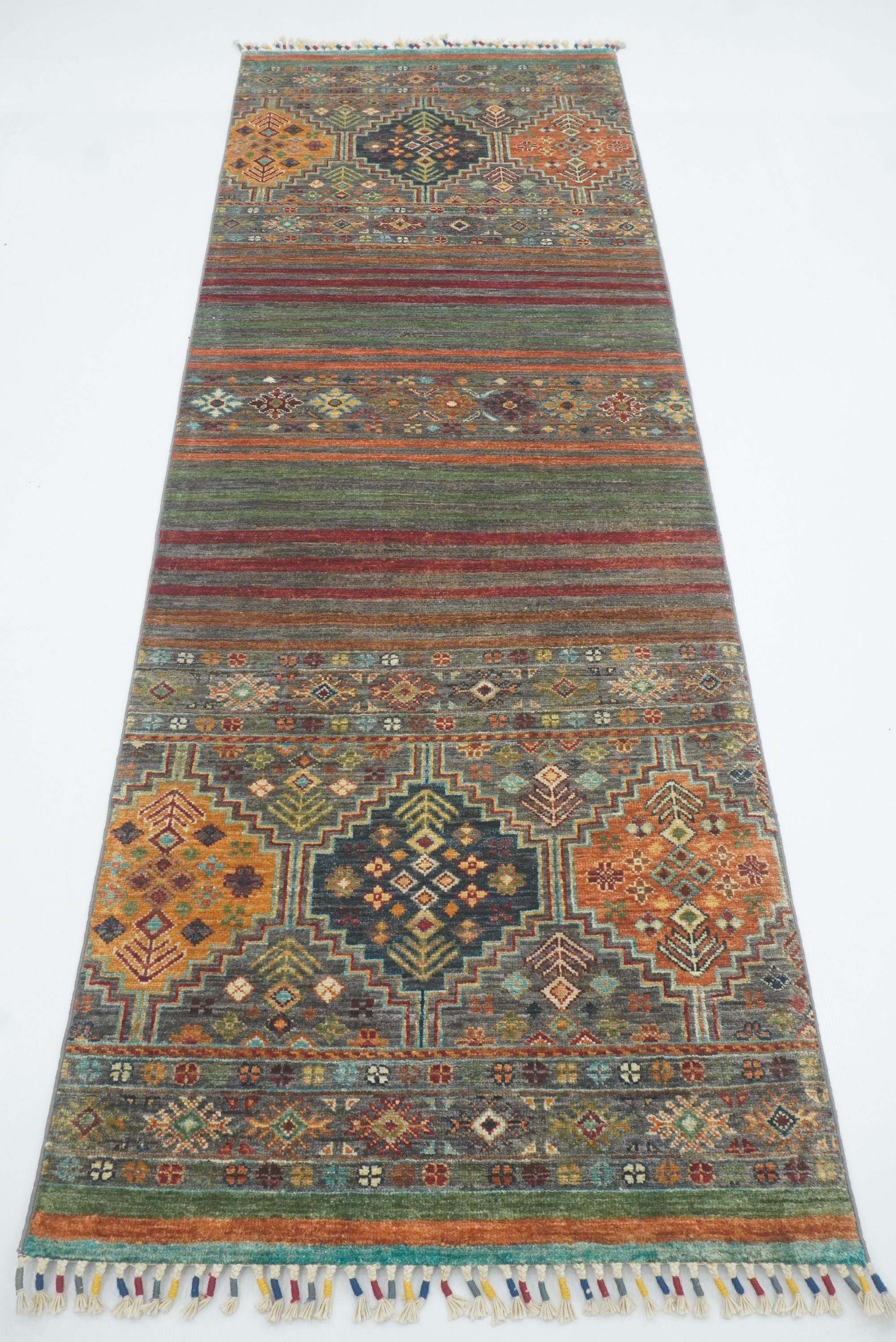 8 ft Gray Khorjin Afghan Hand Knotted Wool Runner Rug - Yildiz Rugs