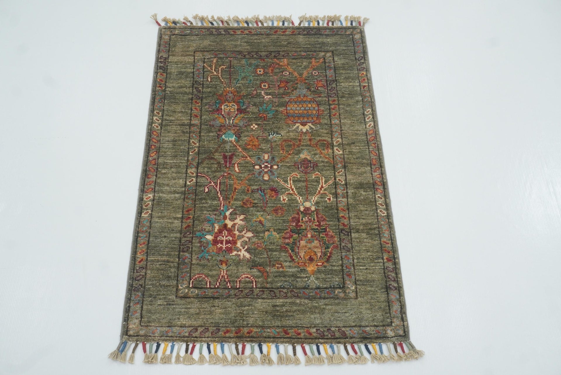 2x3 Green Afghan Waziri Floral Hand Knotted Rug - Yildiz Rugs
