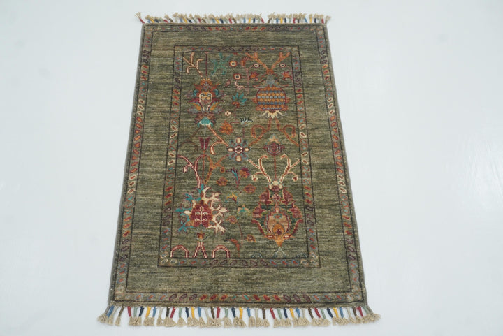 2x3 Green Afghan Waziri Floral Hand Knotted Rug - Yildiz Rugs
