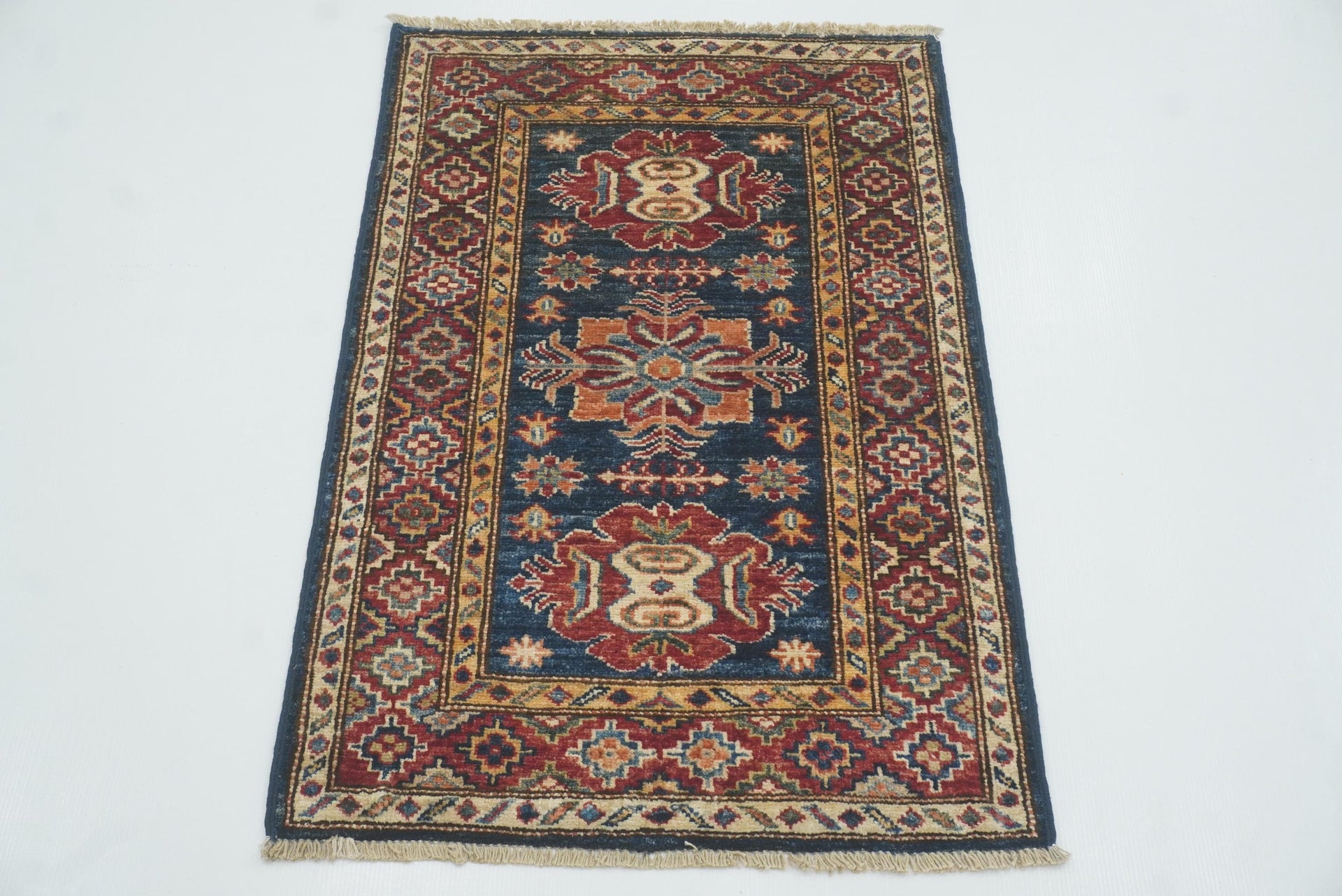 2x3 Navy Blue Kazak Hand-Knotted Afghan Rug - Yildiz Rugs