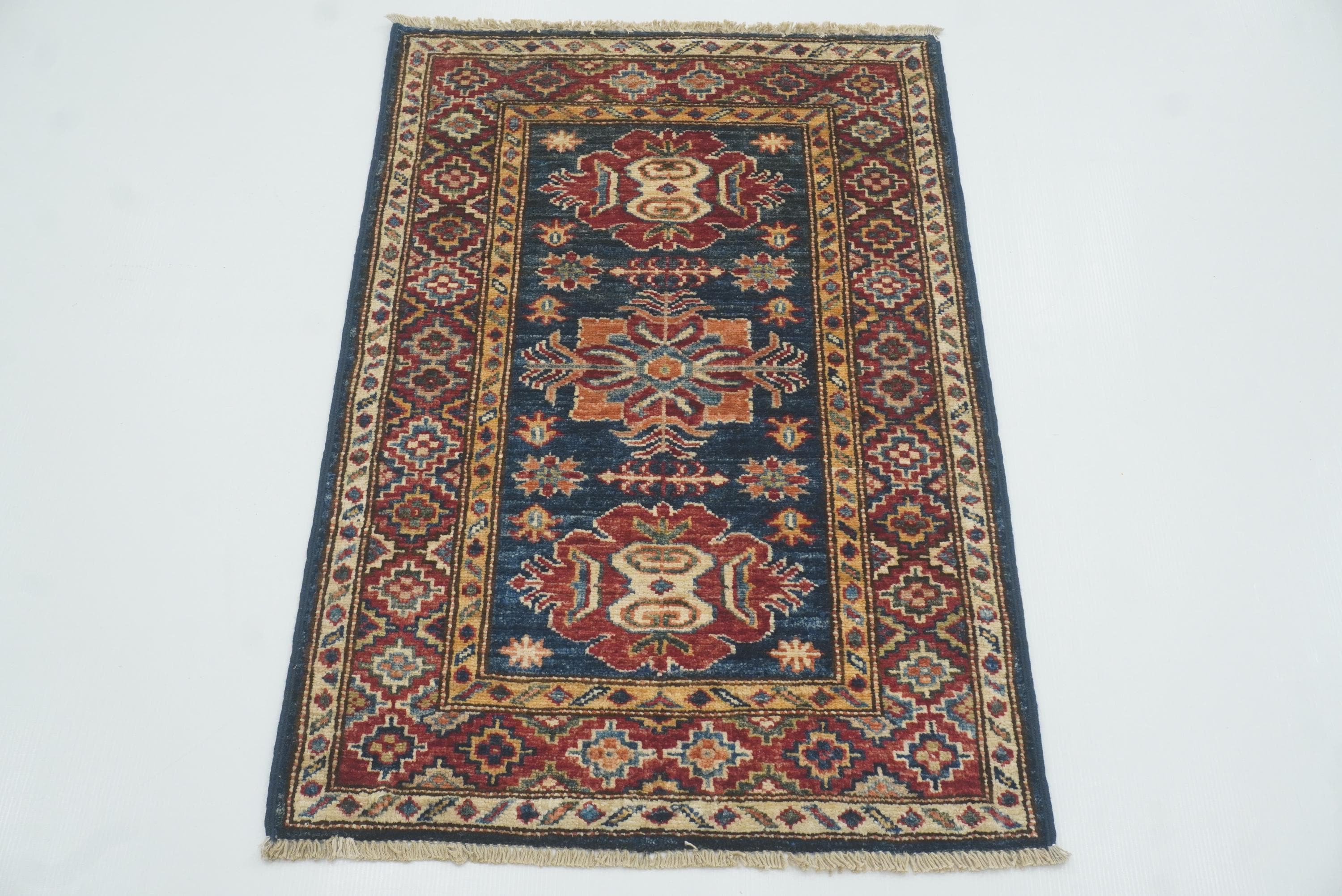 2x3 Navy Blue Kazak Hand-Knotted Afghan Rug - Yildiz Rugs
