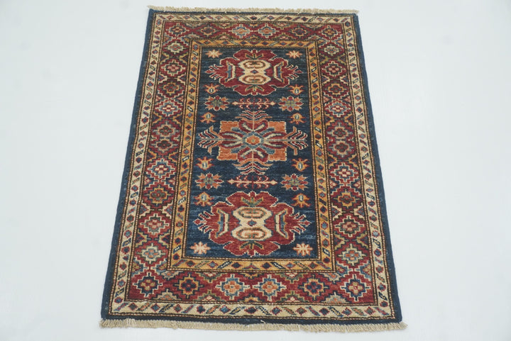2x3 Navy Blue Kazak Hand-Knotted Afghan Rug - Yildiz Rugs