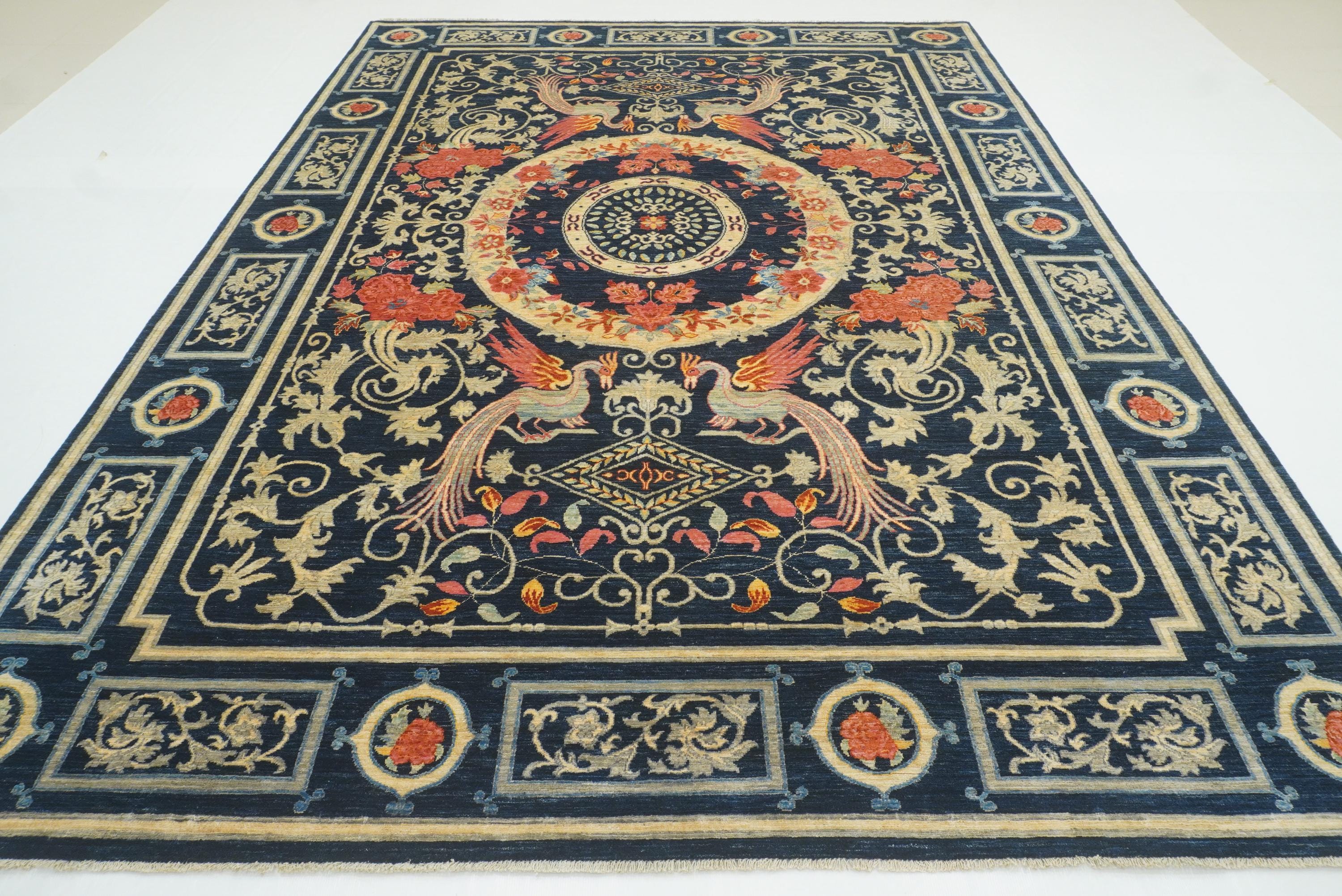9x12 Phoenix Navy Blue Chinese Style Hand-Knotted Rug - Yildiz Rugs