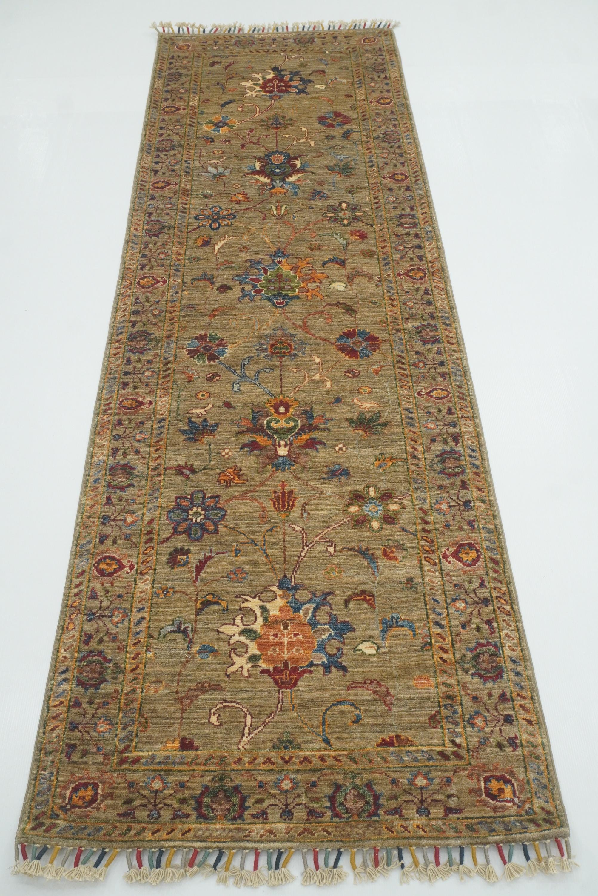 8 ft Waziri Olive Brown Afghan Hand-Knotted Runner Rug - Yildiz Rugs