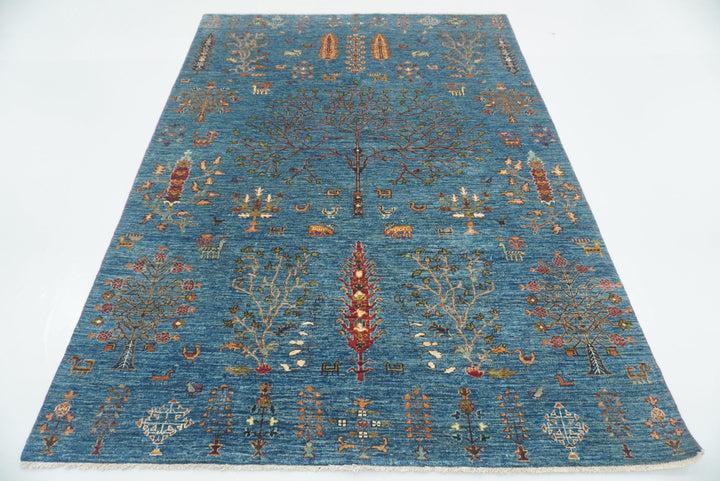 6x8 Blue Gabbeh Hand-Knotted Afghan Tree of Life Rug - Yildiz Rugs