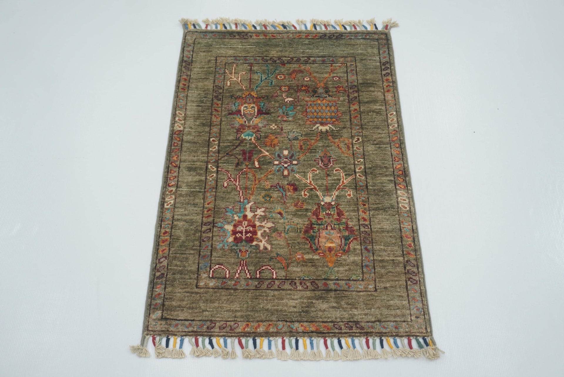 2x3 Green Afghan Waziri Floral Hand Knotted Rug - Yildiz Rugs