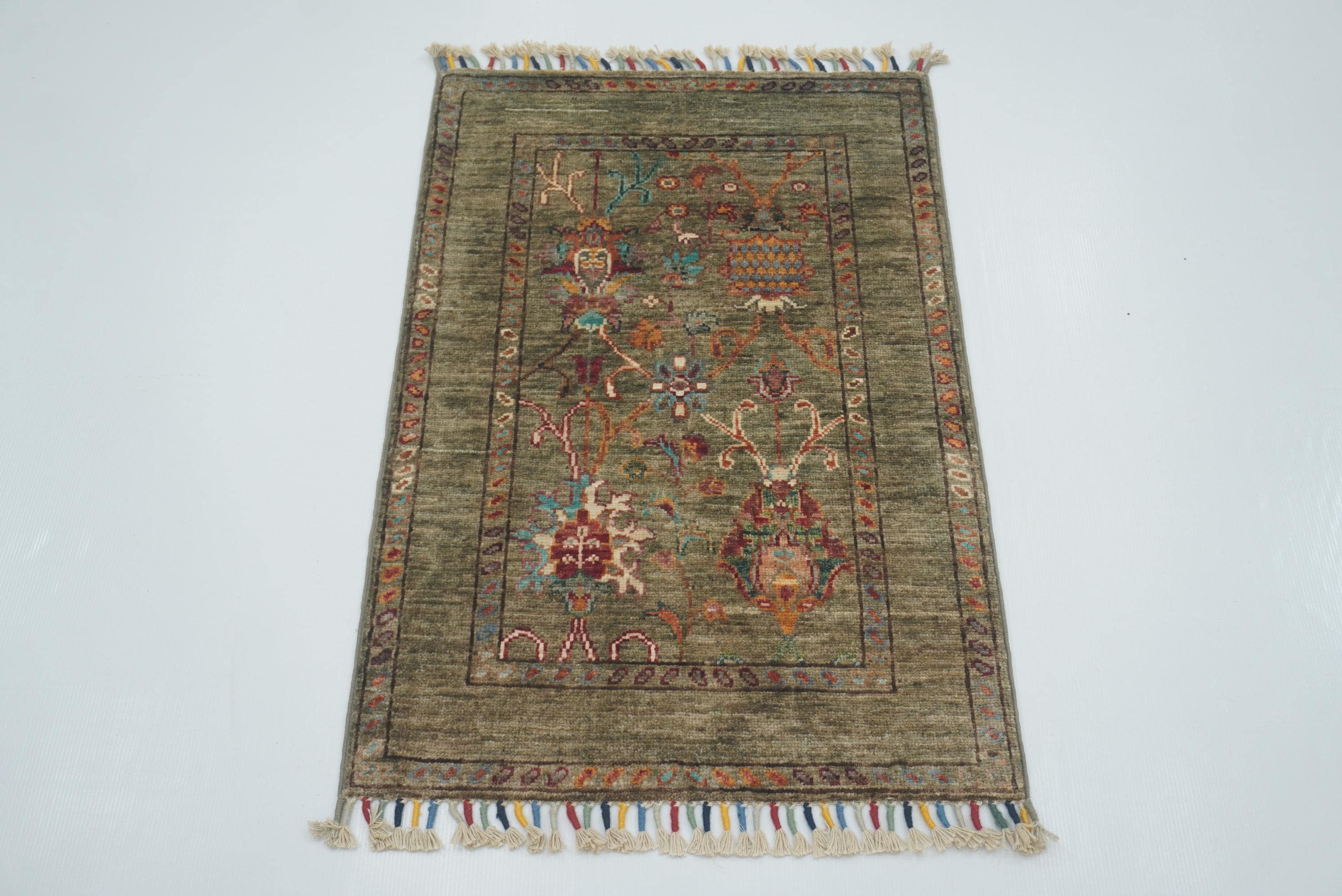 2x3 Green Afghan Waziri Floral Hand Knotted Rug - Yildiz Rugs