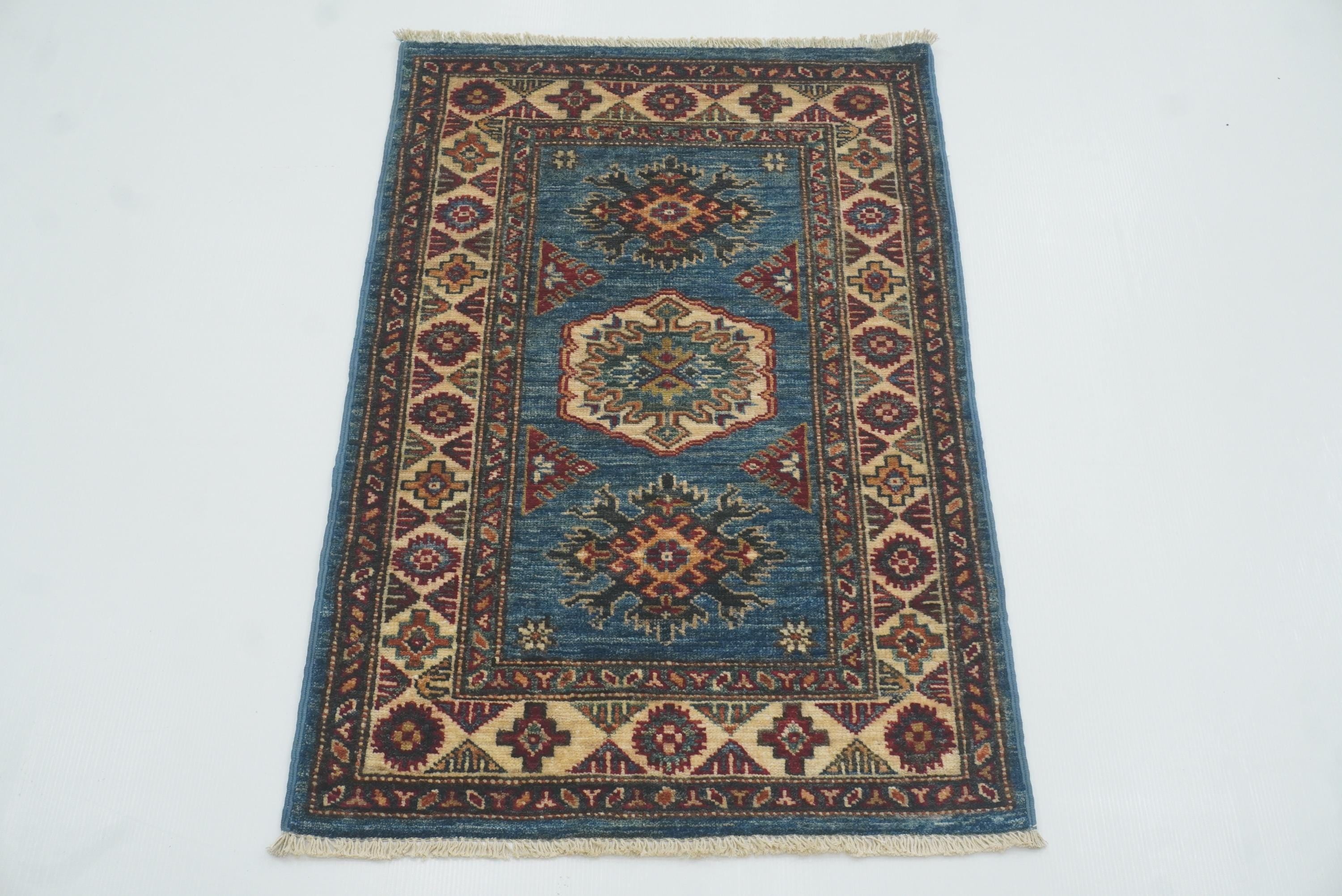 2x3 Blue Kazak Hand-Knotted Afghan Rug - Yildiz Rugs