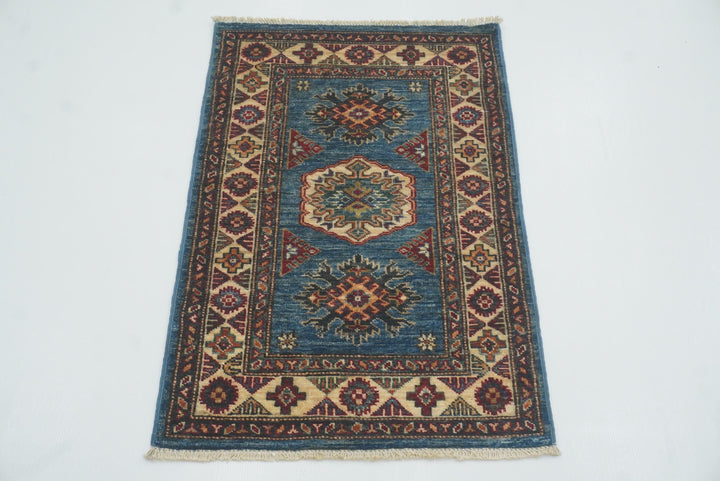 2x3 Blue Kazak Hand-Knotted Afghan Rug - Yildiz Rugs