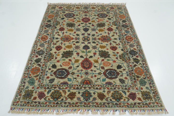 5x7 Green Waziri Hand-Knotted Afghan Oriental Rug - Yildiz Rugs