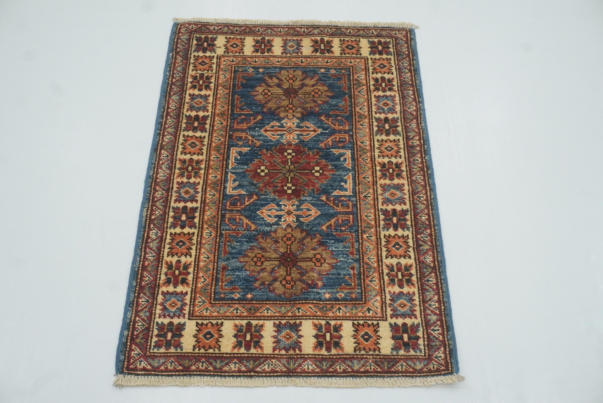 2x3 Blue Kazak Hand-Knotted Afghan Rug - Yildiz Rugs